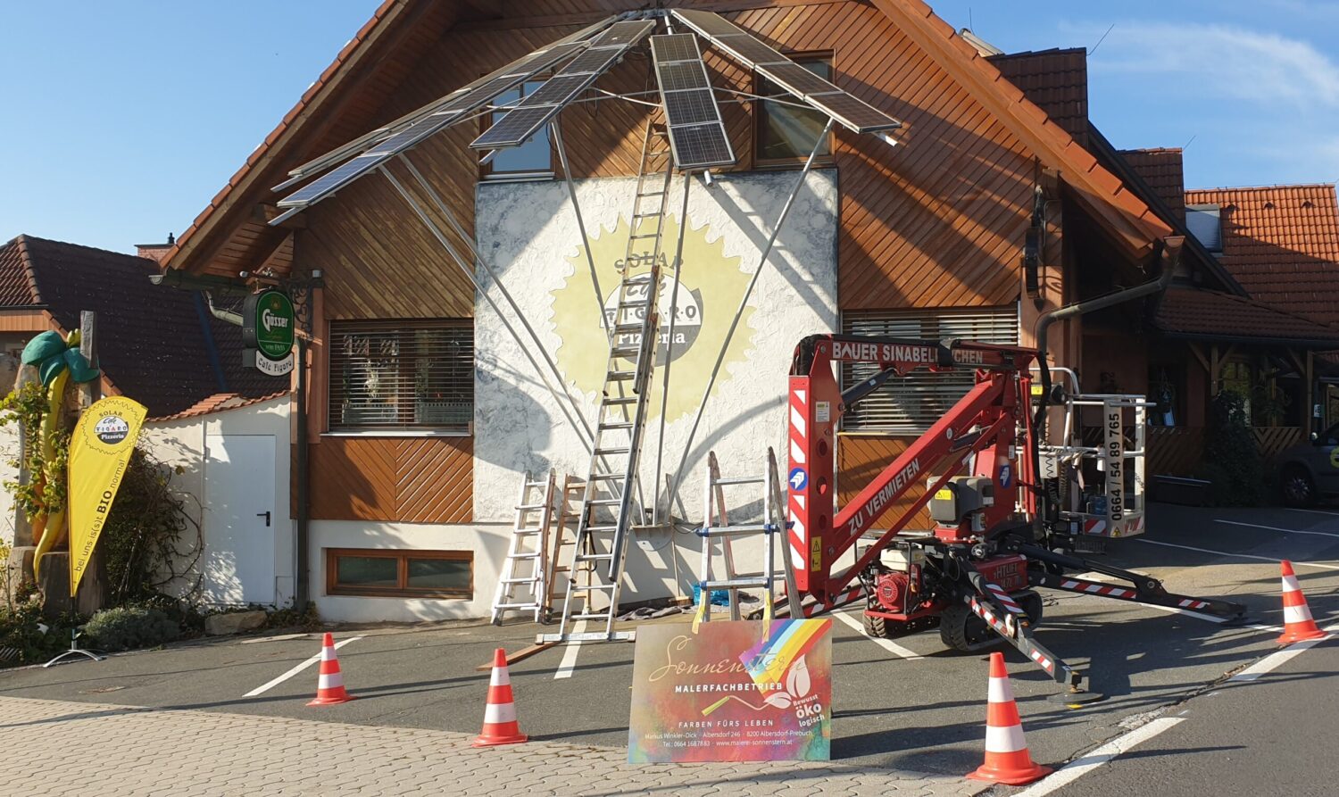 Holzanstrich und Teilfassadenanstrich für Pizzeria in Gleisdorf durch Maler Sonnenstern